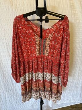 Romantic Gypsy 2X Boho Red Paisley Floral Tunic Top 100% Rayon India Hippie